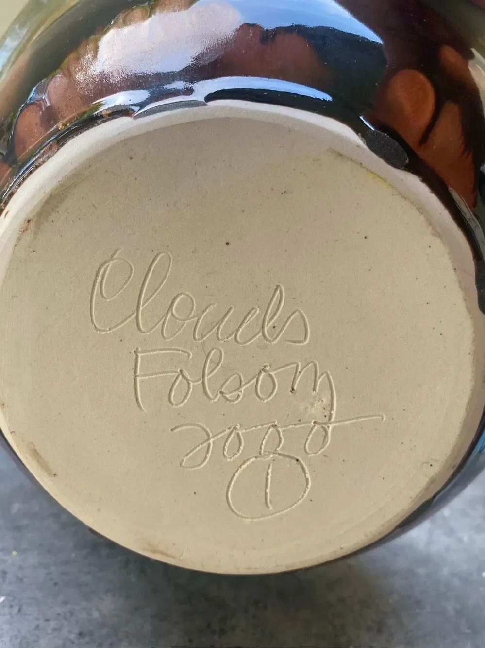 Clouds Folsom Studio Art Pottery Bowl Drip Glaze Sage Brown Rustic Cottage